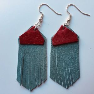 Boho Soft Teal fringe w red accent earrings